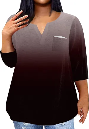 3/4 Sleeve Women Tops Winter Tops Dressy Casual Elbow Length Sleeve Vneck Shirts Tie Dye Gradient Loose Fall Clothing