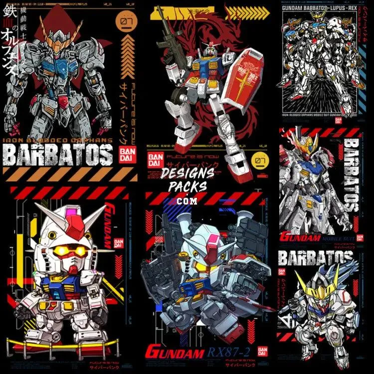 7 Robot Anime Streetwear Designs Bundle PNG   PSD