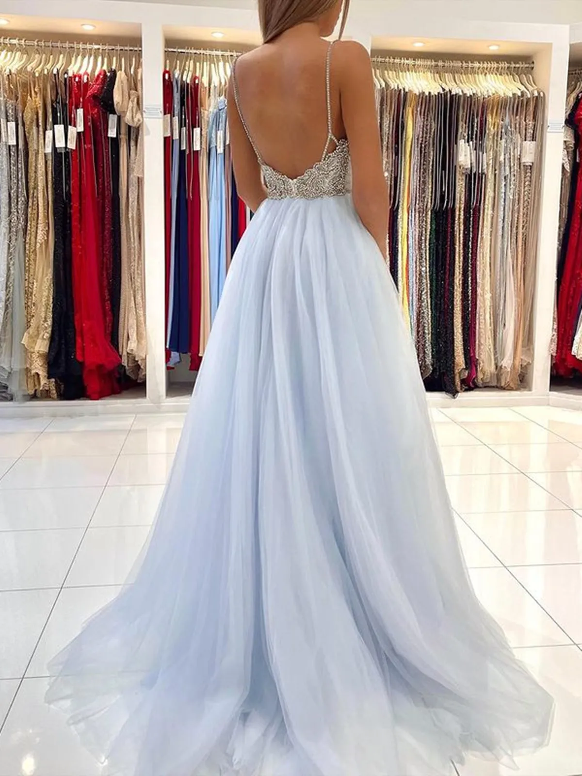A Line V Neck Light Blue Tulle Long Prom Dresses, Blue Tulle Long Formal Graduation Dresses
