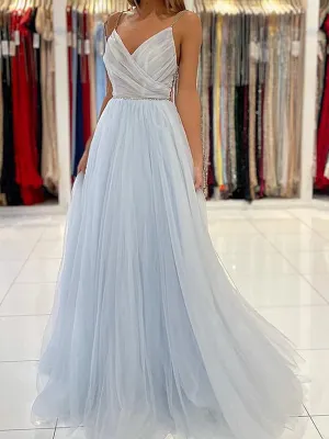 A Line V Neck Light Blue Tulle Long Prom Dresses, Blue Tulle Long Formal Graduation Dresses