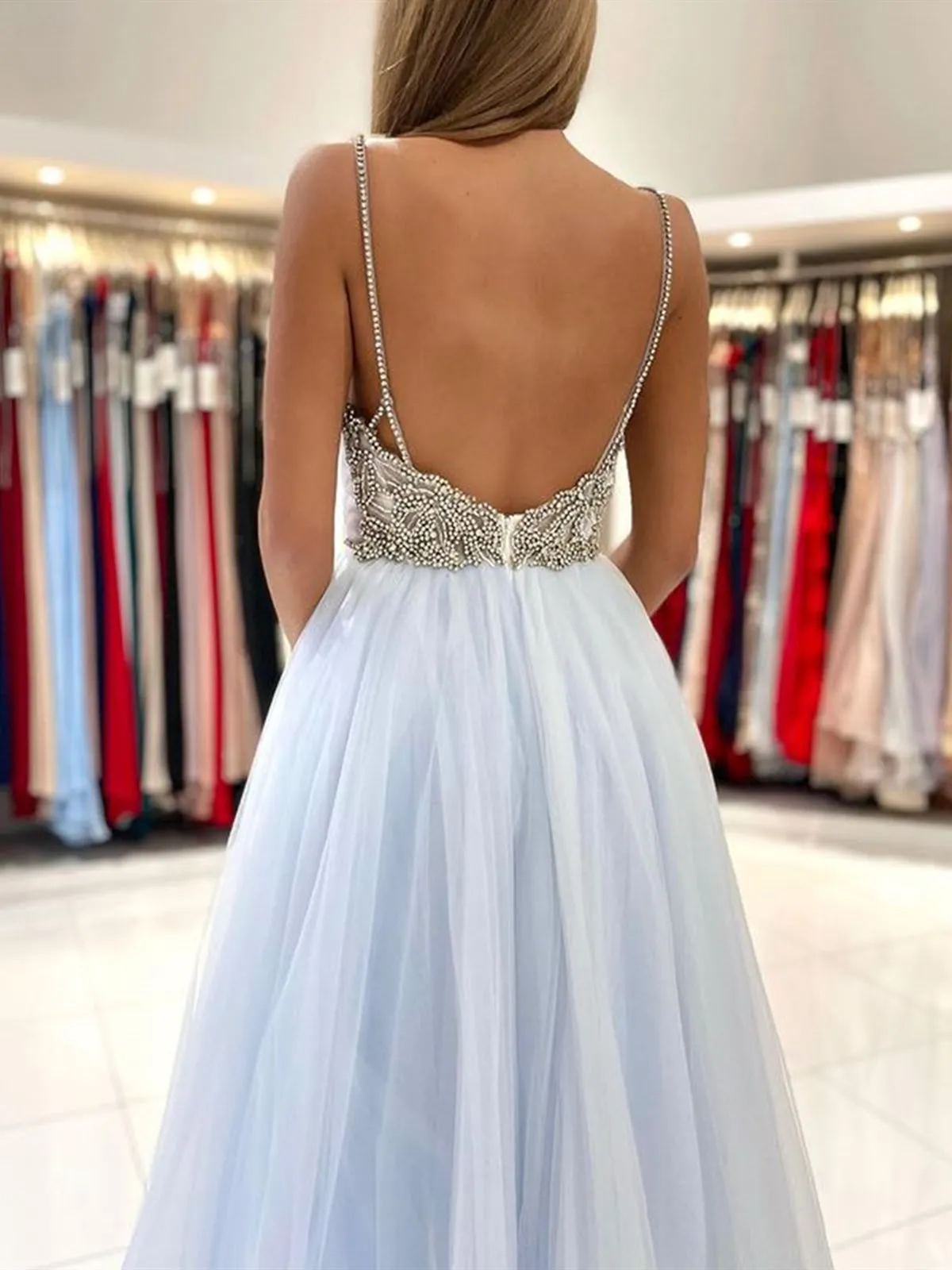 A Line V Neck Light Blue Tulle Long Prom Dresses, Blue Tulle Long Formal Graduation Dresses