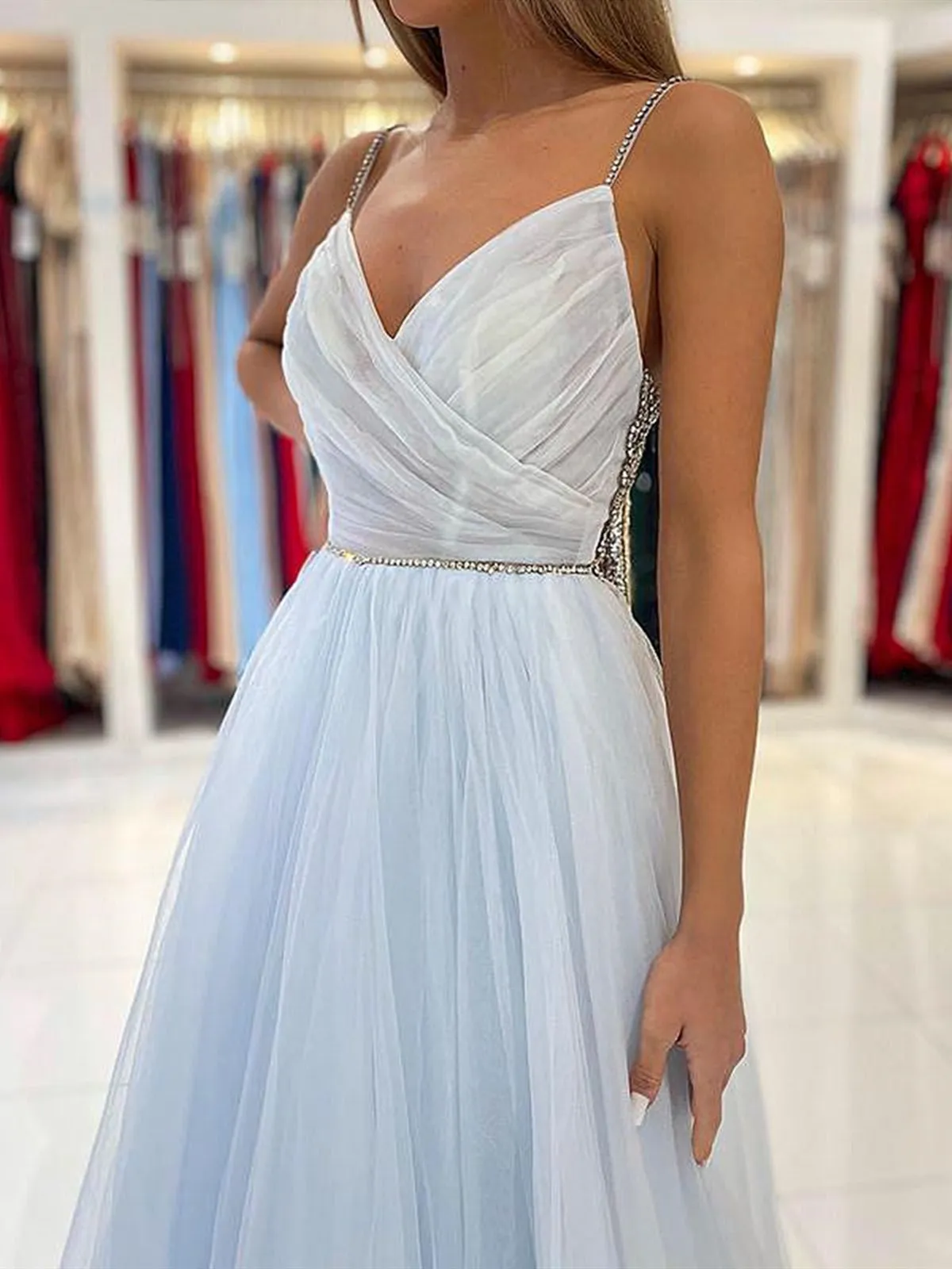 A Line V Neck Light Blue Tulle Long Prom Dresses, Blue Tulle Long Formal Graduation Dresses