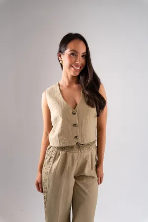 Alana Cut Out Trim Waistcoat In Khaki