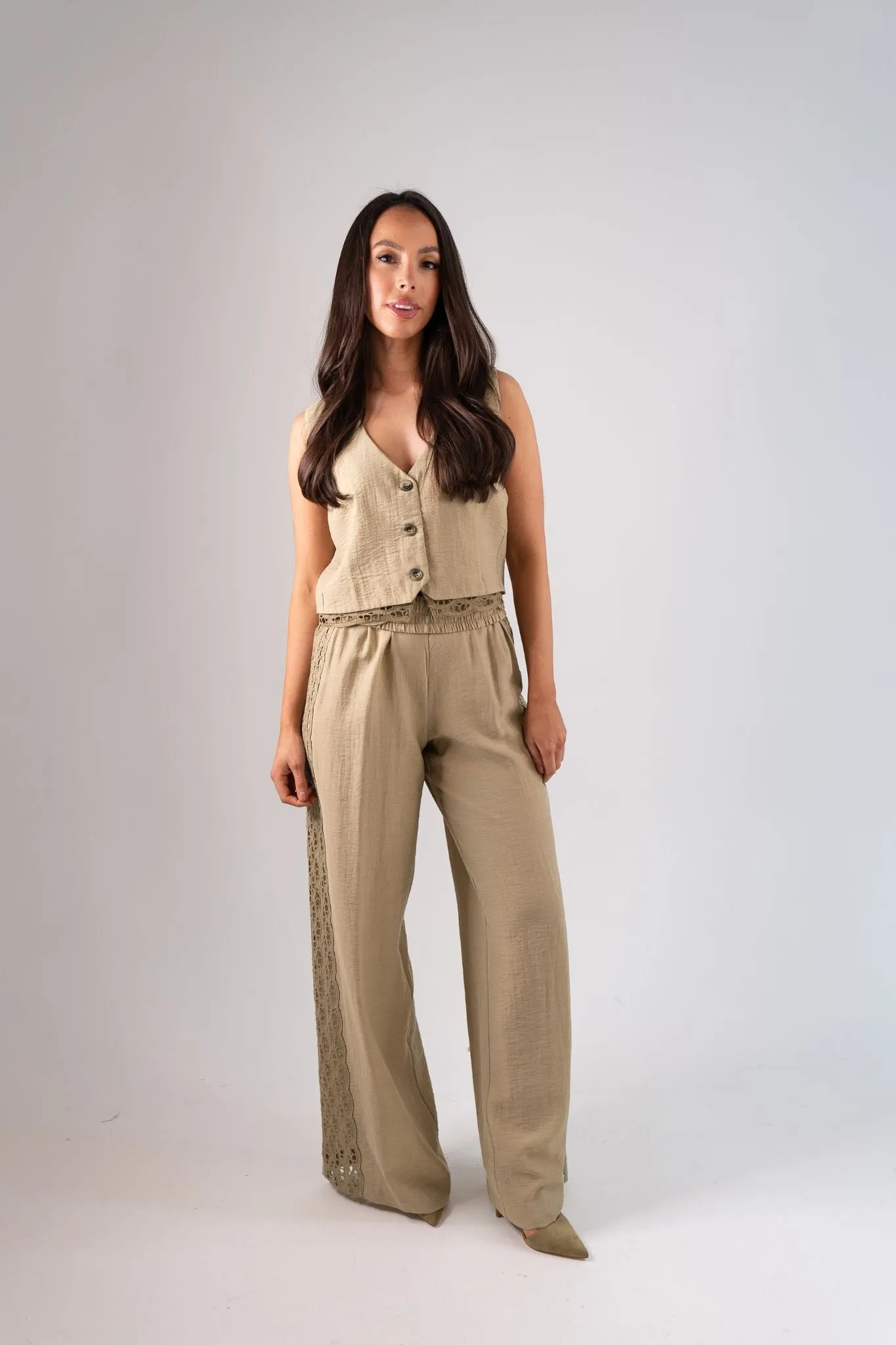 Alana Cut Out Trim Waistcoat In Khaki