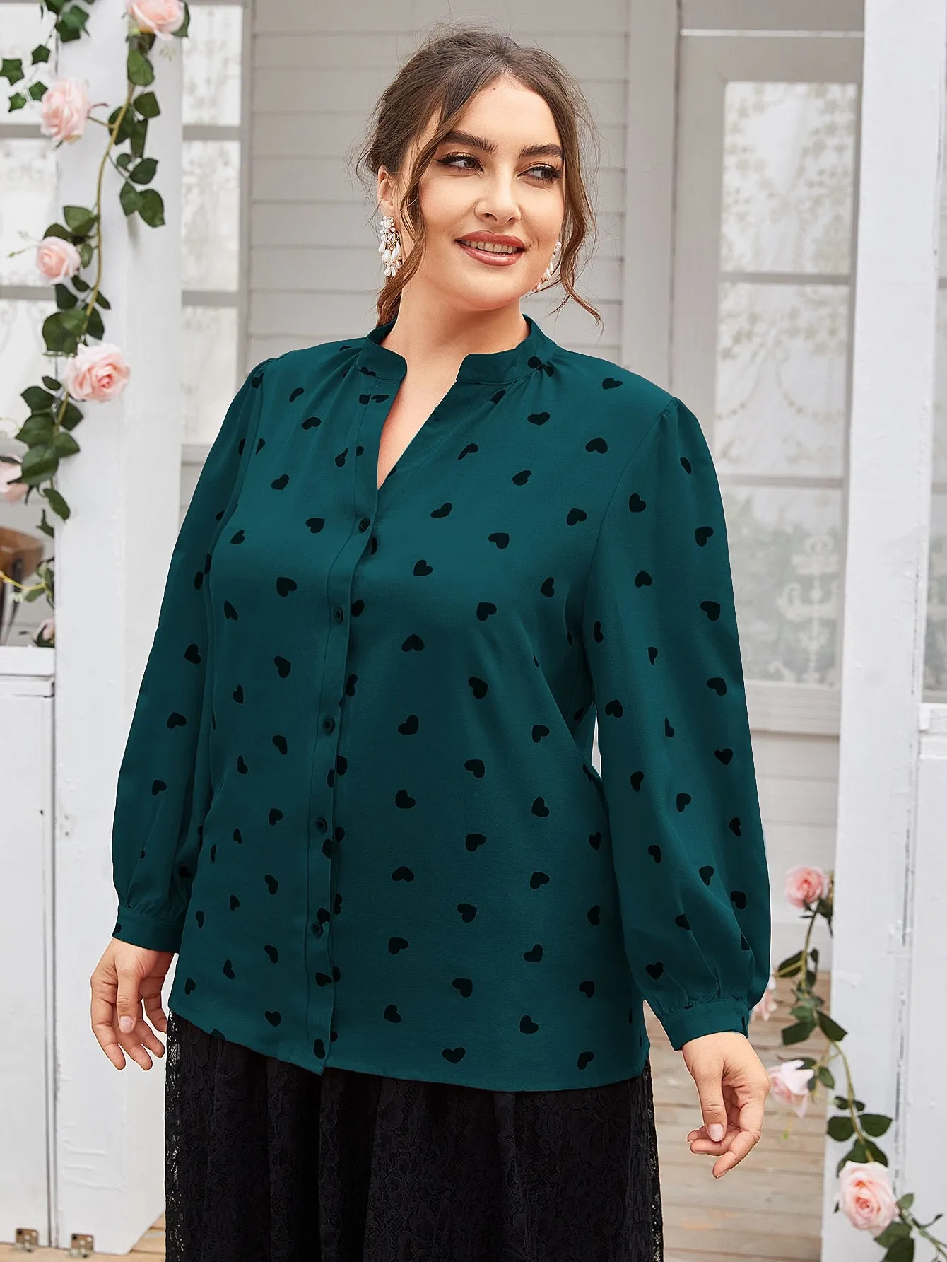 All Over Print Button Long Sleeve Notched Regular Plus Size Blouse
