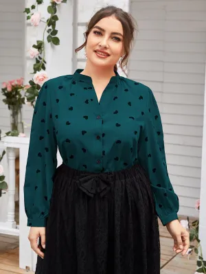 All Over Print Button Long Sleeve Notched Regular Plus Size Blouse
