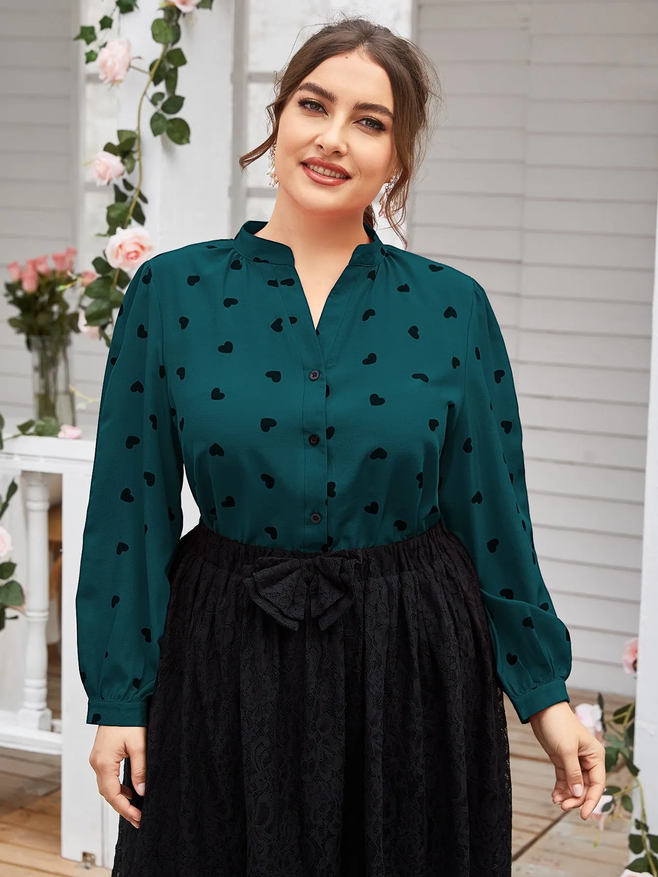 All Over Print Button Long Sleeve Notched Regular Plus Size Blouse