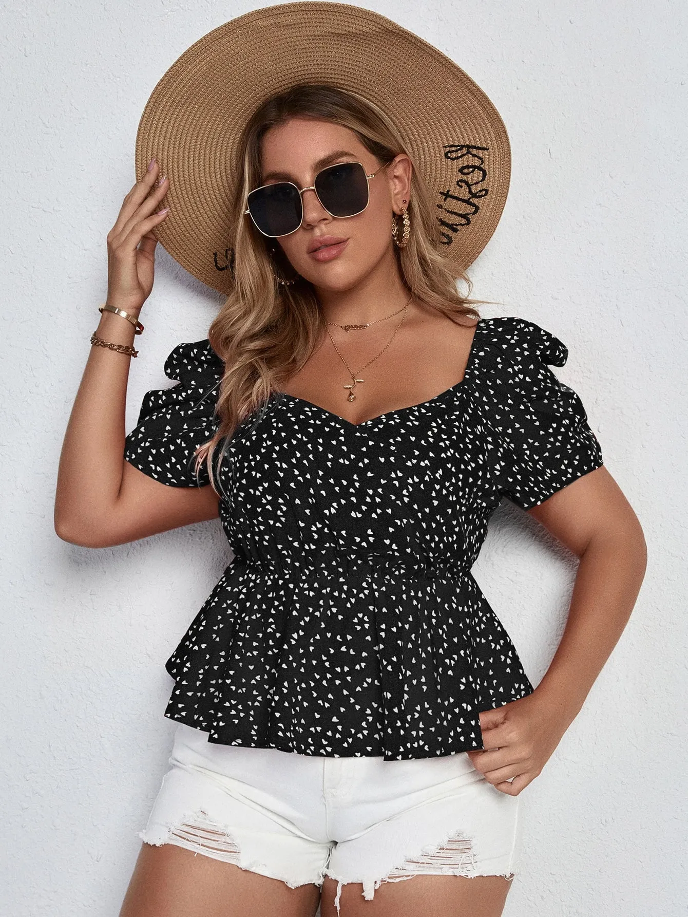 All Over Print Ruffle Hem Short Sleeve Sweetheart Regular Plus Size Blouse
