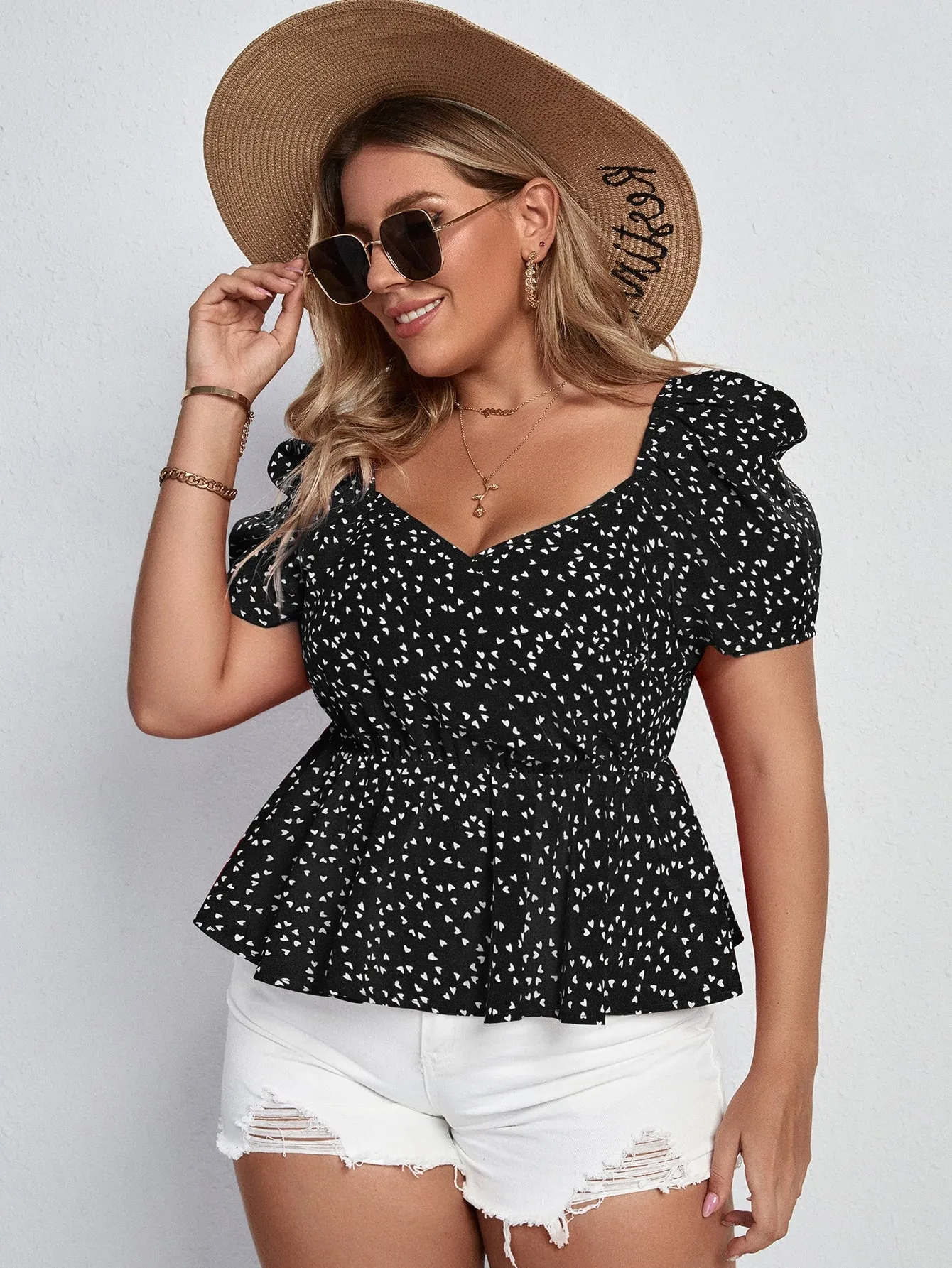 All Over Print Ruffle Hem Short Sleeve Sweetheart Regular Plus Size Blouse