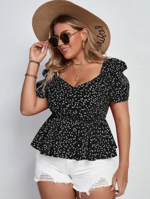 All Over Print Ruffle Hem Short Sleeve Sweetheart Regular Plus Size Blouse