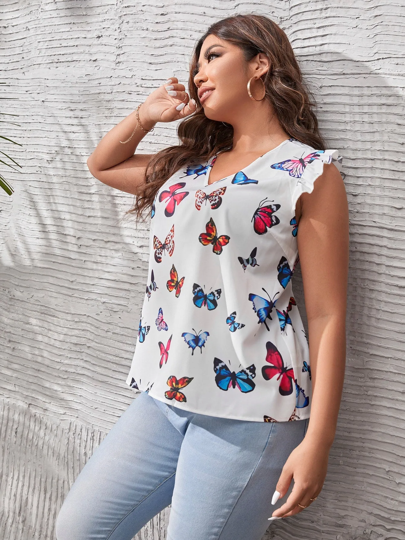 Animal Ruffle Cap Sleeve V Neck Regular Plus Size Blouse