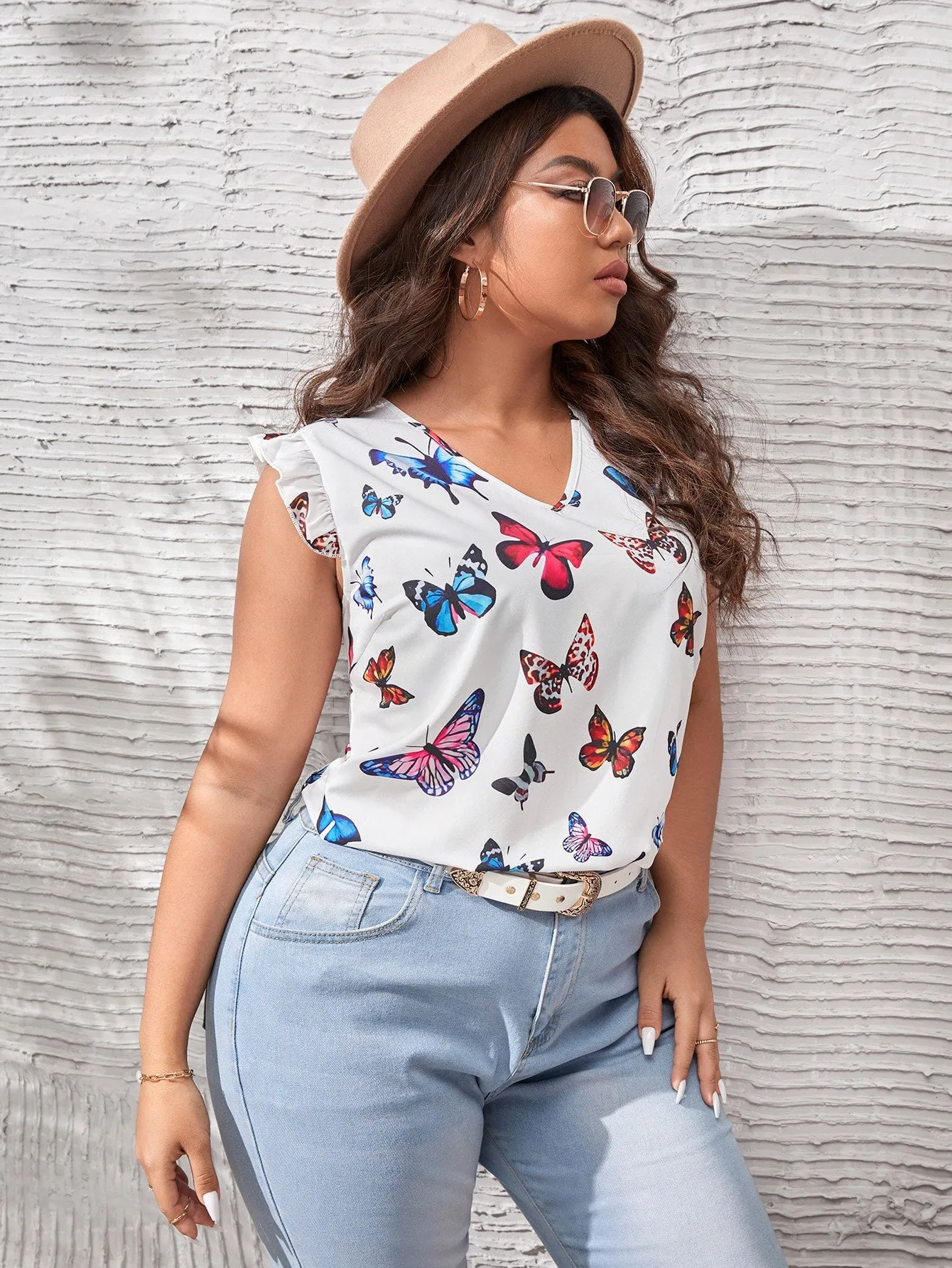 Animal Ruffle Cap Sleeve V Neck Regular Plus Size Blouse