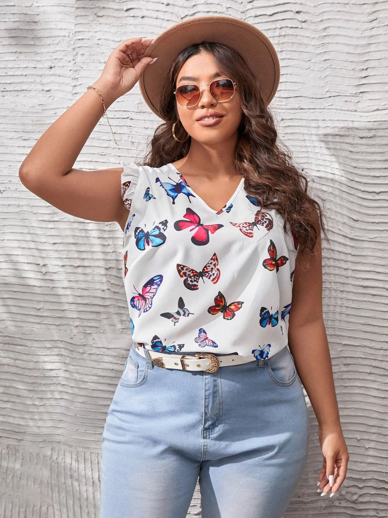 Animal Ruffle Cap Sleeve V Neck Regular Plus Size Blouse