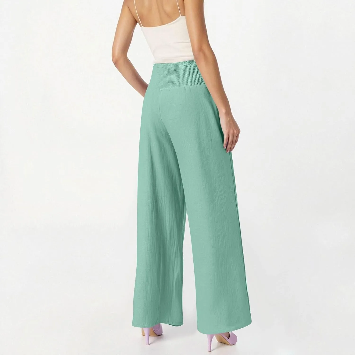 Baggy Linen Pants Women Summer High Waisted Wide Leg Palazzo Pants Smocked Pant Lounge Work Trousers with Pockets