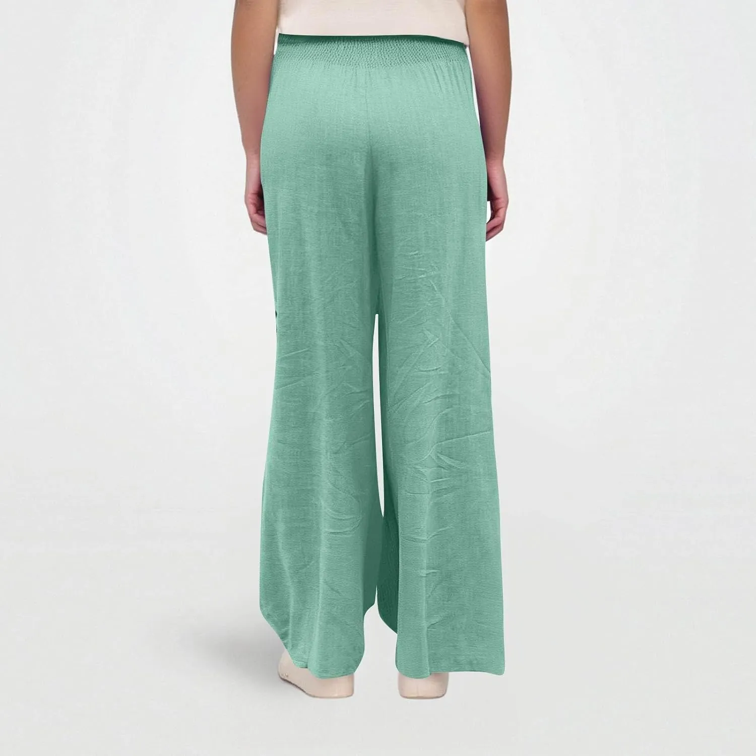 Baggy Linen Pants Women Summer High Waisted Wide Leg Palazzo Pants Smocked Pant Lounge Work Trousers with Pockets