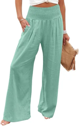 Baggy Linen Pants Women Summer High Waisted Wide Leg Palazzo Pants Smocked Pant Lounge Work Trousers with Pockets