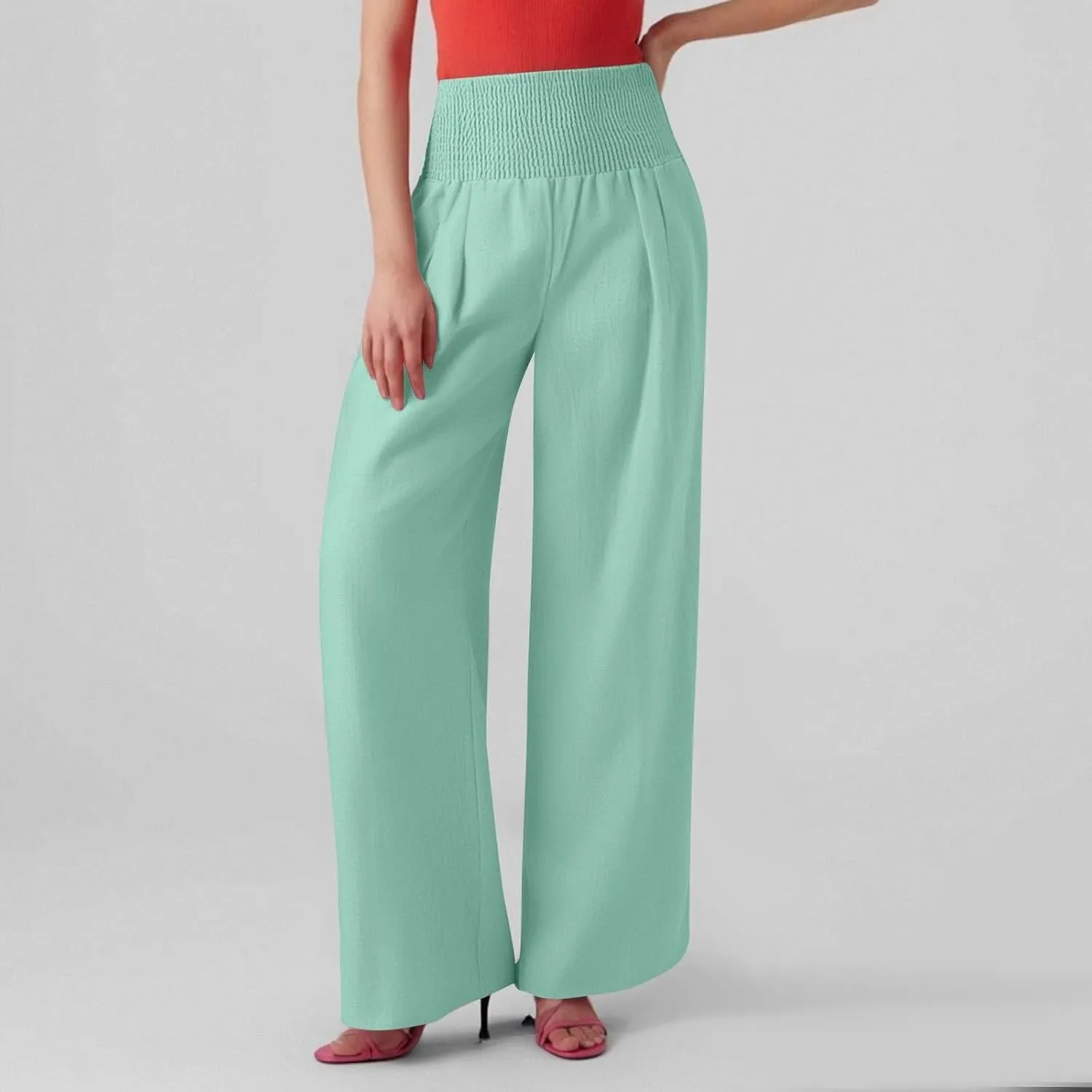 Baggy Linen Pants Women Summer High Waisted Wide Leg Palazzo Pants Smocked Pant Lounge Work Trousers with Pockets