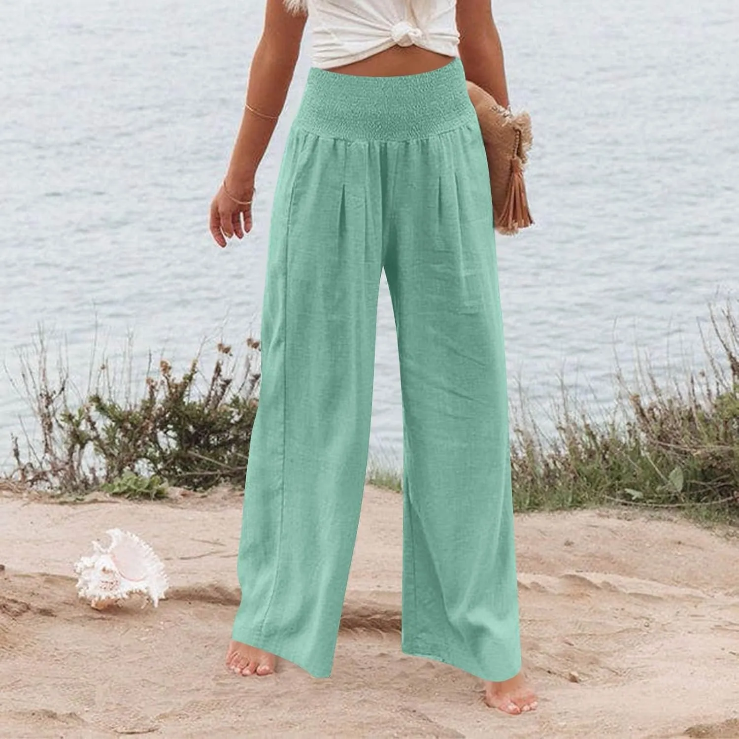 Baggy Linen Pants Women Summer High Waisted Wide Leg Palazzo Pants Smocked Pant Lounge Work Trousers with Pockets