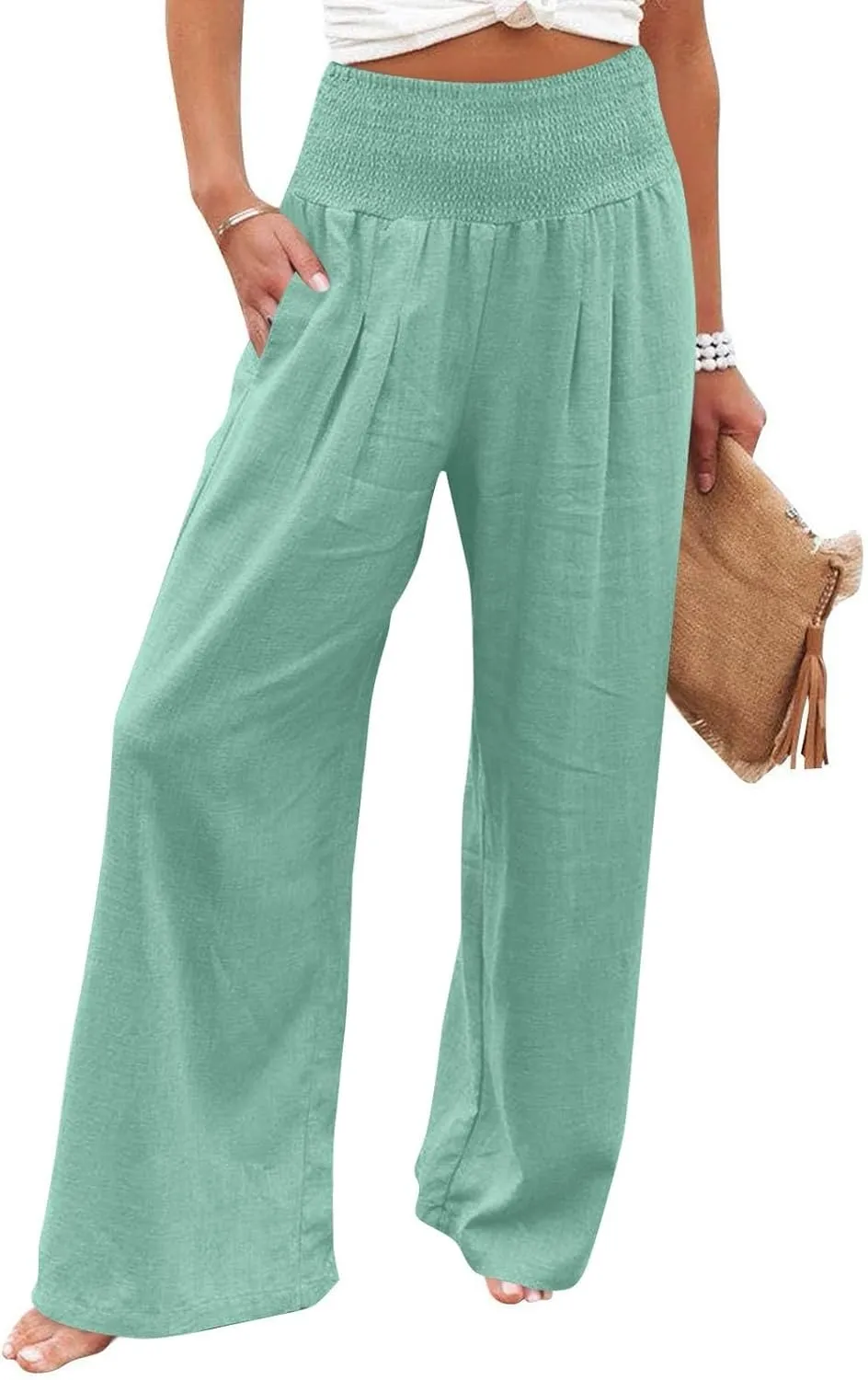 Baggy Linen Pants Women Summer High Waisted Wide Leg Palazzo Pants Smocked Pant Lounge Work Trousers with Pockets