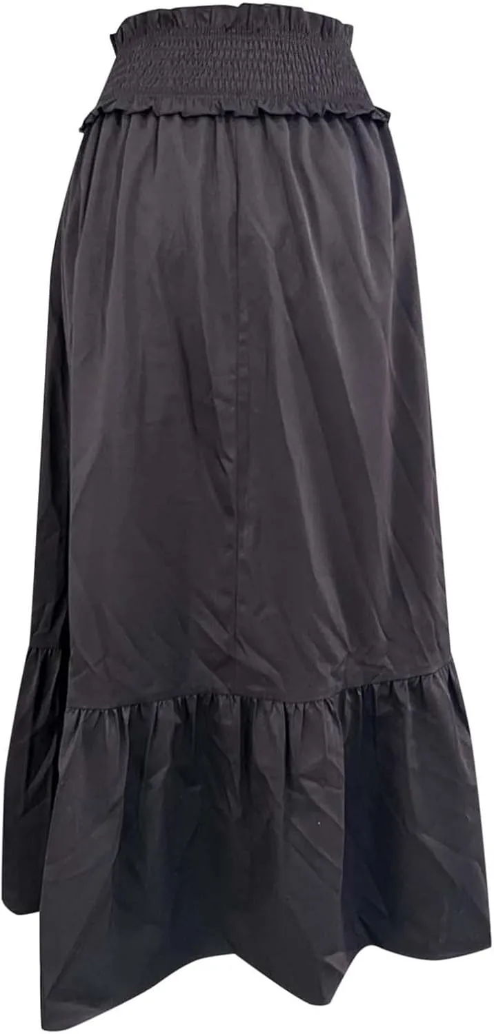 Beach Skirt for Summer Vacation Womens Midi High Elastic Waist Tummy Control Ruffles Maxi Skirts Casual Streetwear