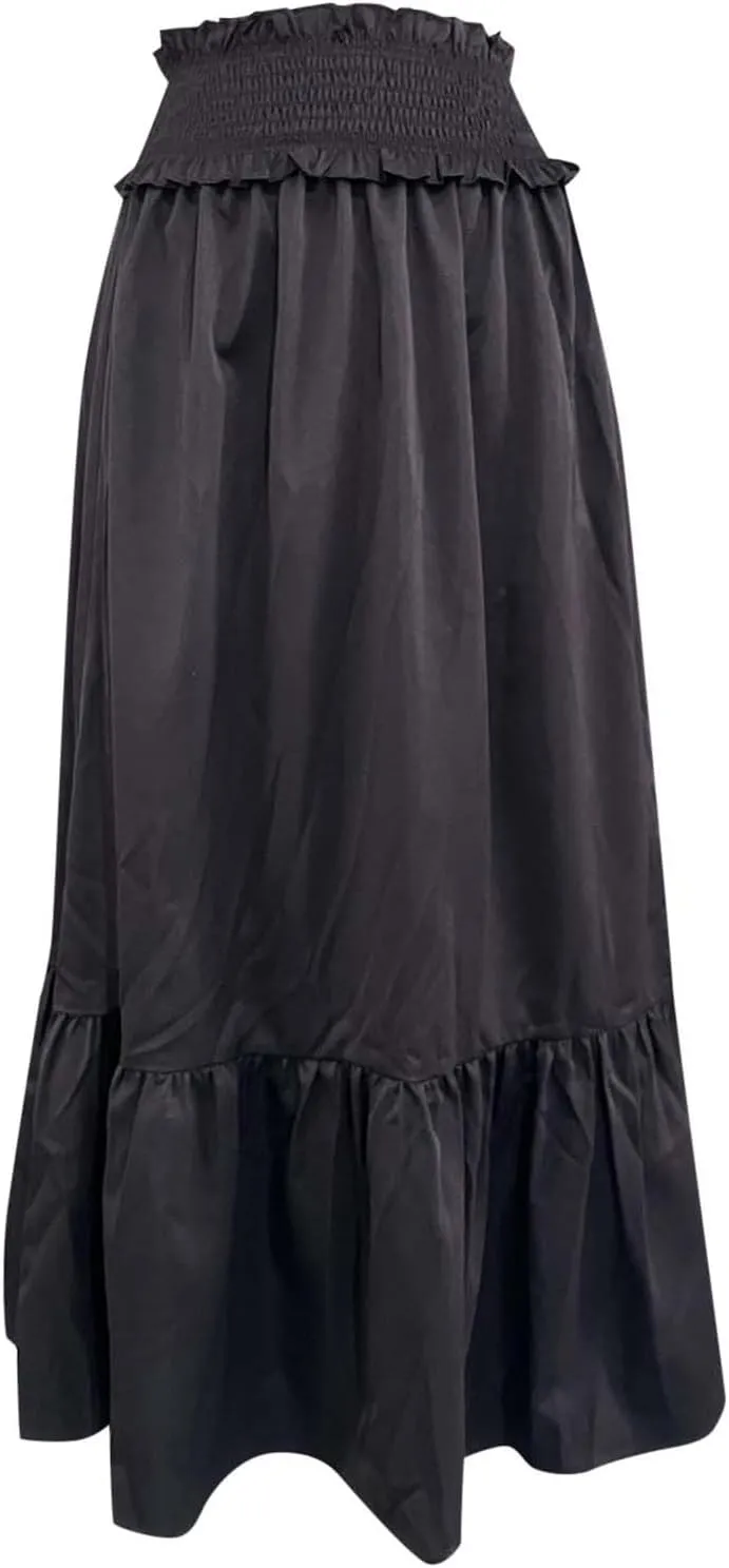 Beach Skirt for Summer Vacation Womens Midi High Elastic Waist Tummy Control Ruffles Maxi Skirts Casual Streetwear