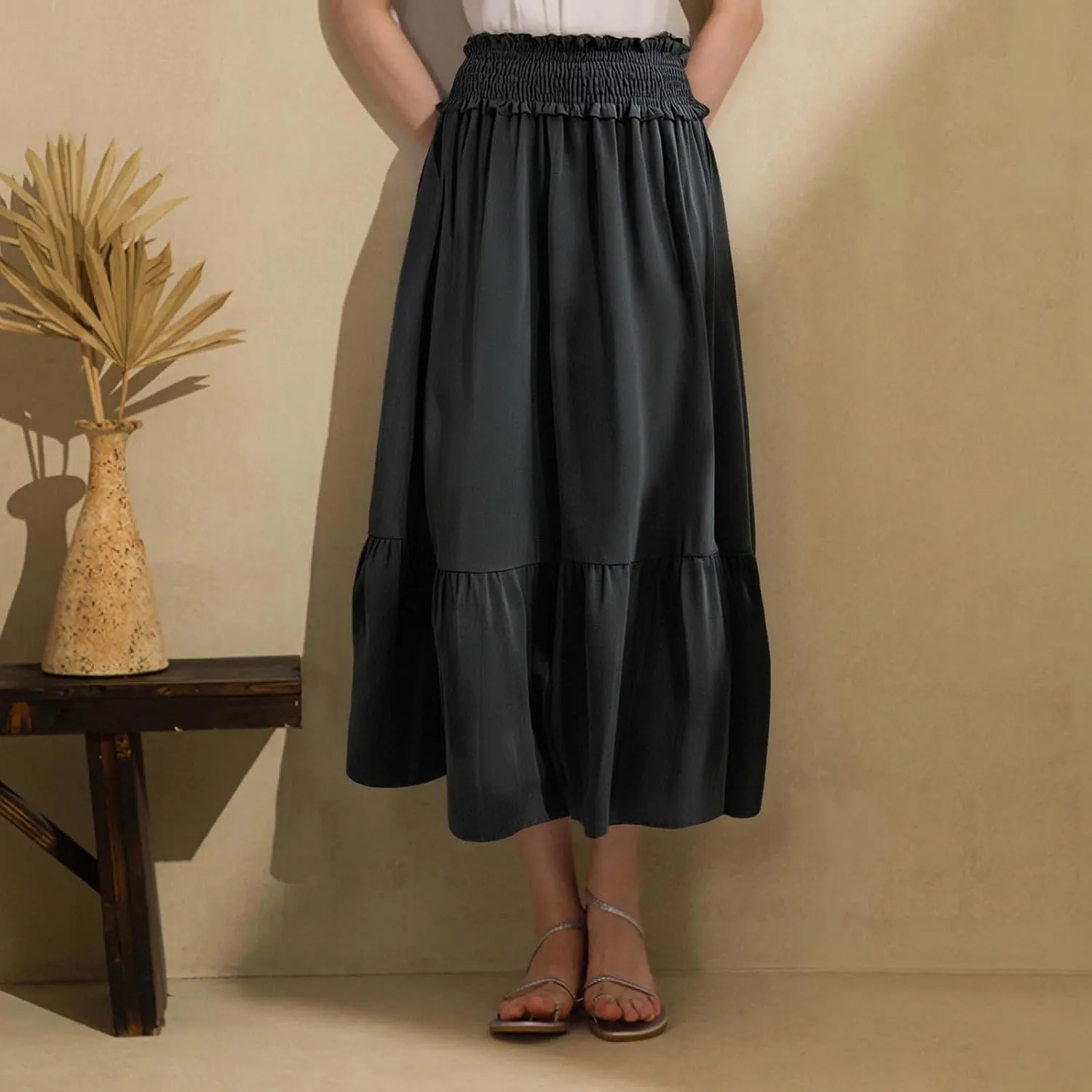 Beach Skirt for Summer Vacation Womens Midi High Elastic Waist Tummy Control Ruffles Maxi Skirts Casual Streetwear