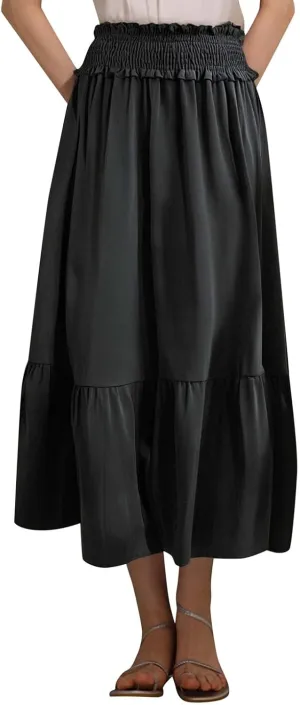 Beach Skirt for Summer Vacation Womens Midi High Elastic Waist Tummy Control Ruffles Maxi Skirts Casual Streetwear