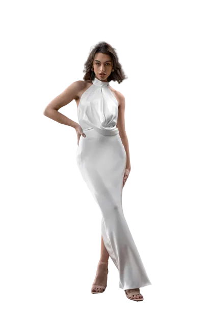Bias cut floor length slip with back slit.