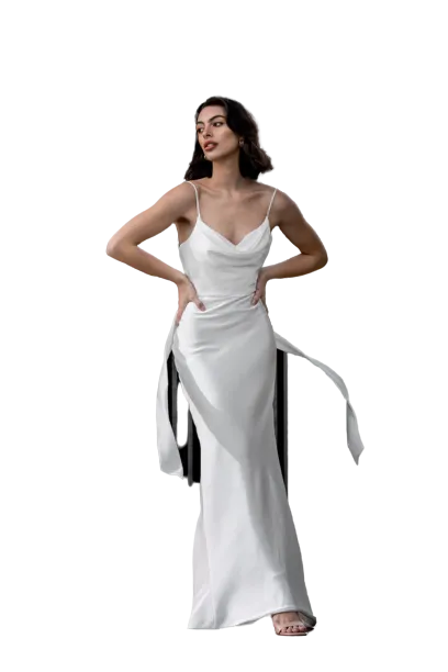 Bias cut floor length slip with back slit.