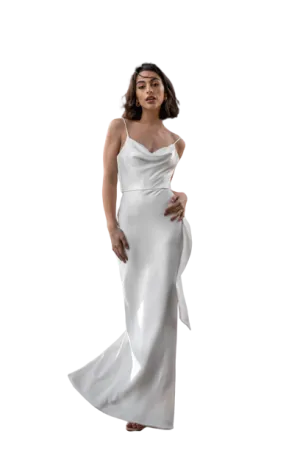 Bias cut floor length slip with back slit.