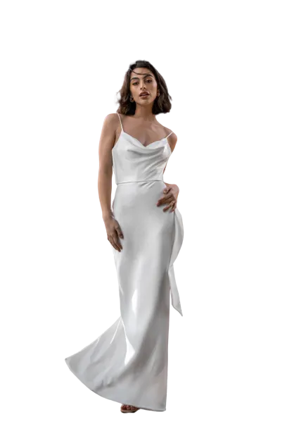 Bias cut floor length slip with back slit.