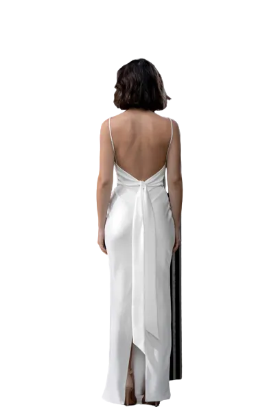 Bias cut floor length slip with back slit.