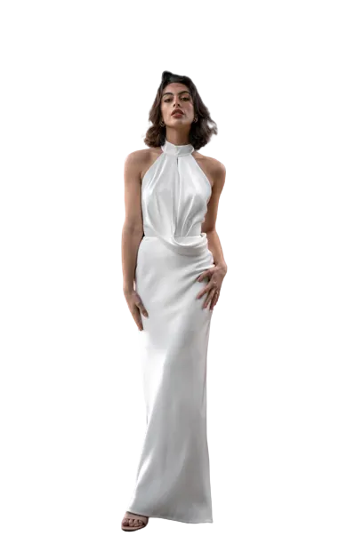 Bias cut floor length slip with back slit.