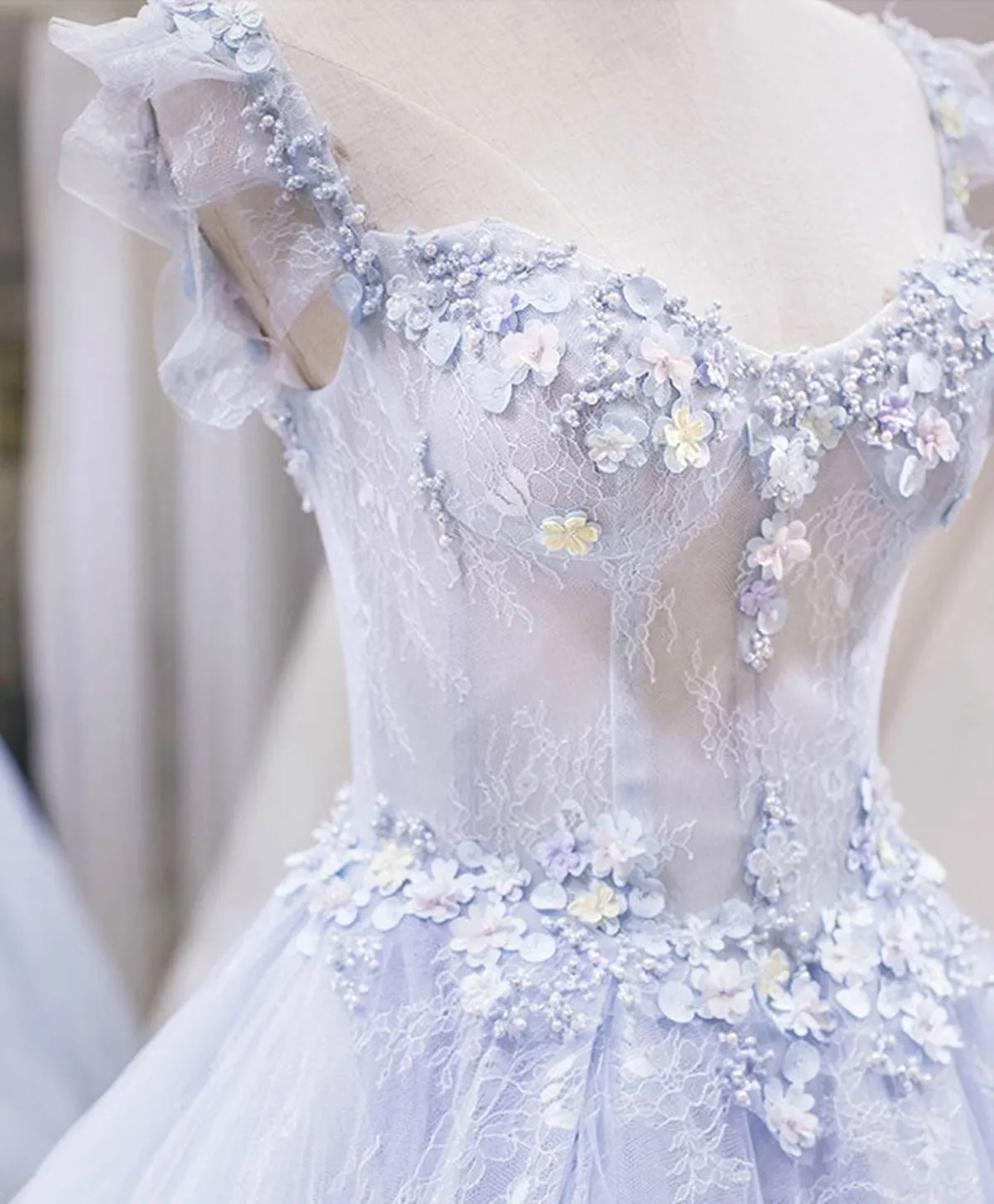 Blue Lace Floral Long Prom Dresses, Blue Lace Flower Long Formal Graduation Dresses