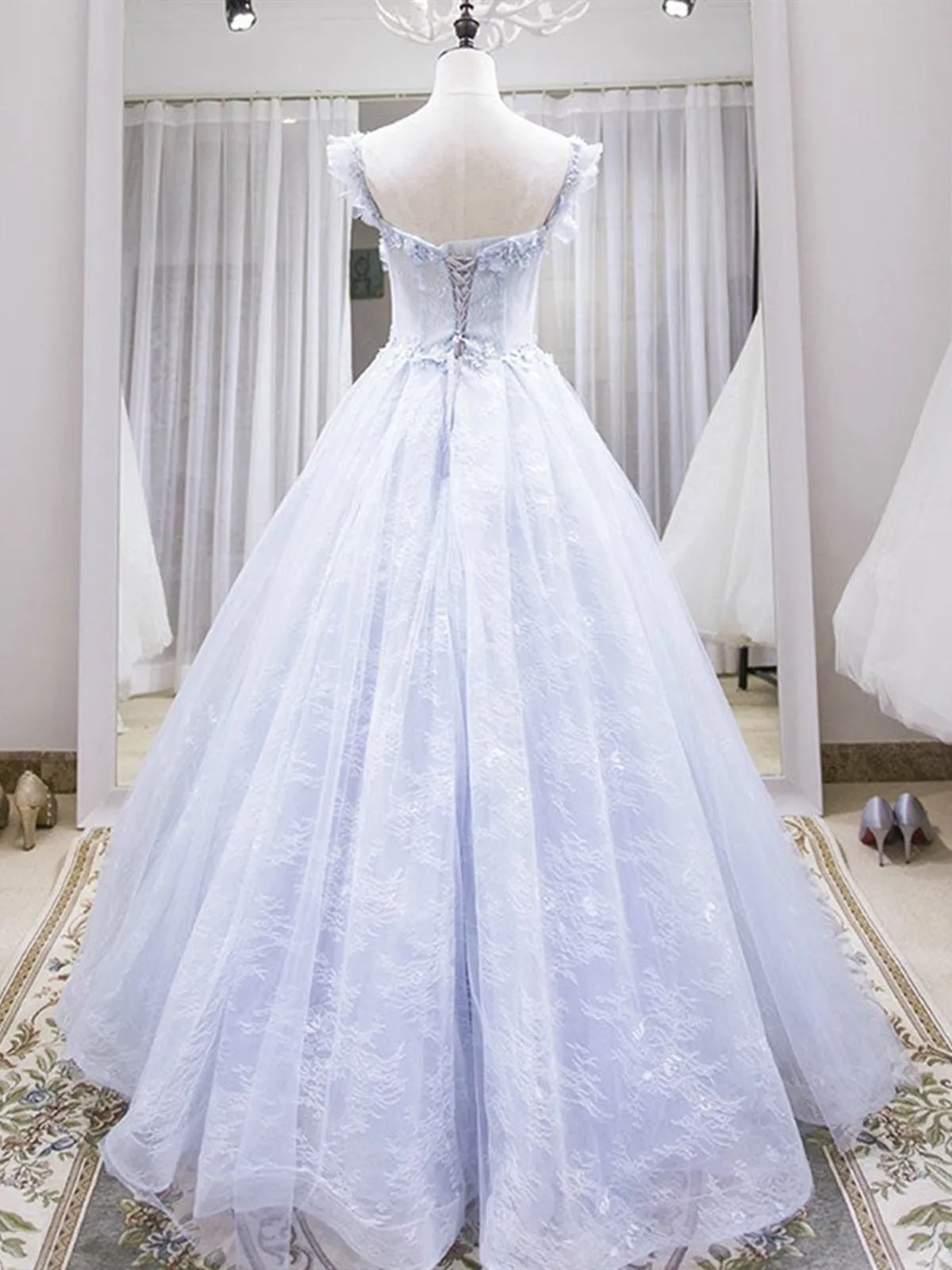 Blue Lace Floral Long Prom Dresses, Blue Lace Flower Long Formal Graduation Dresses