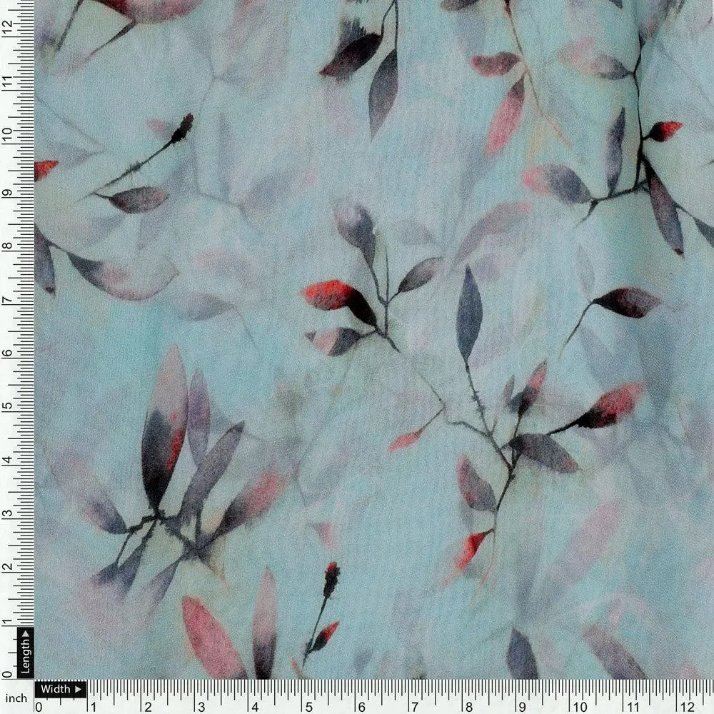 Bluish Thin And Light Leaves Digital Printed Fabric - Pure Georgette