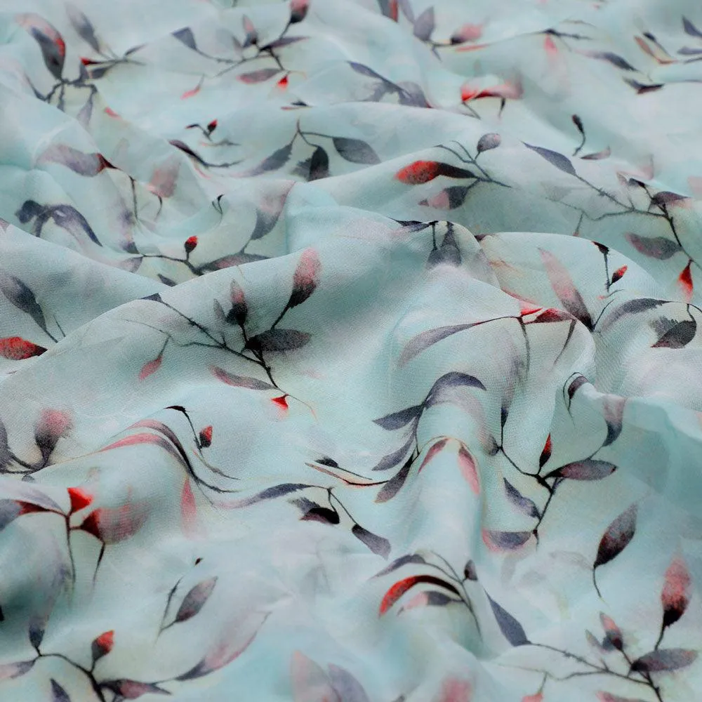 Bluish Thin And Light Leaves Digital Printed Fabric - Pure Georgette