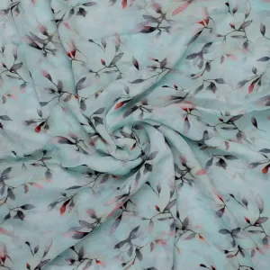 Bluish Thin And Light Leaves Digital Printed Fabric - Pure Georgette