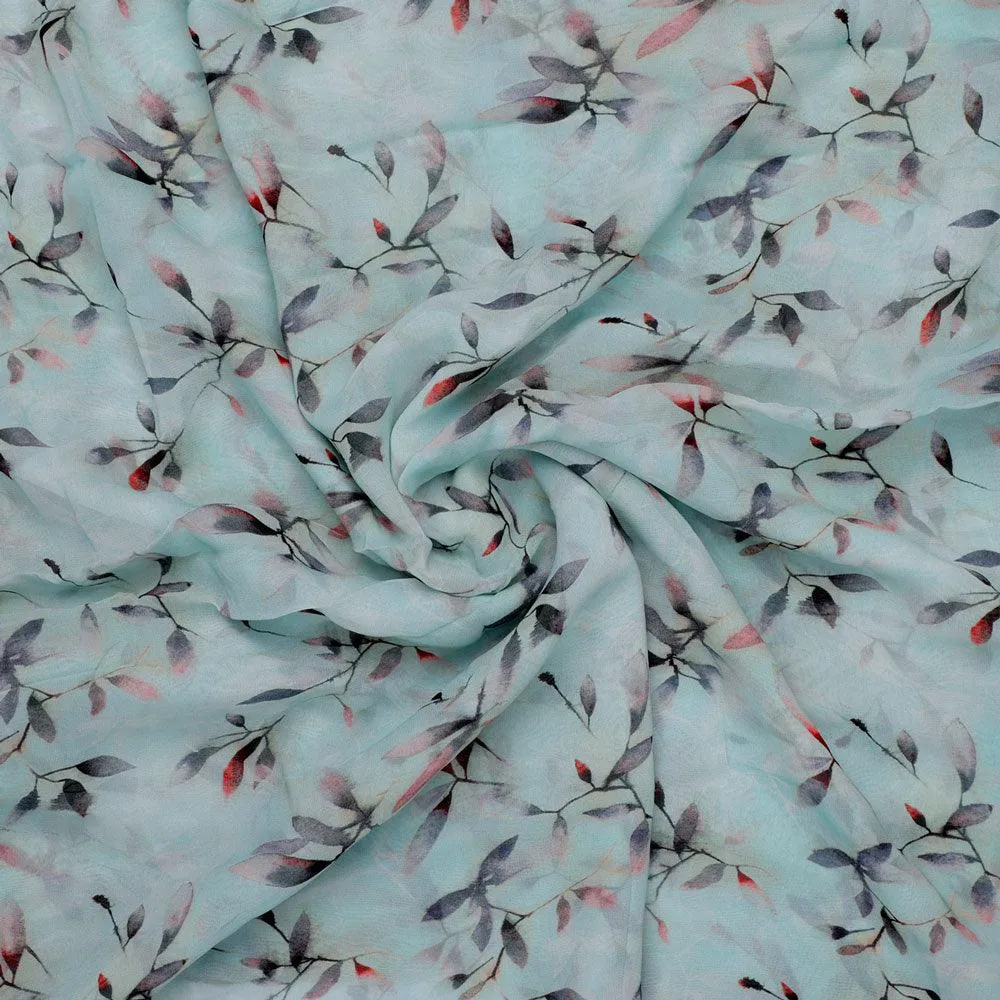 Bluish Thin And Light Leaves Digital Printed Fabric - Pure Georgette