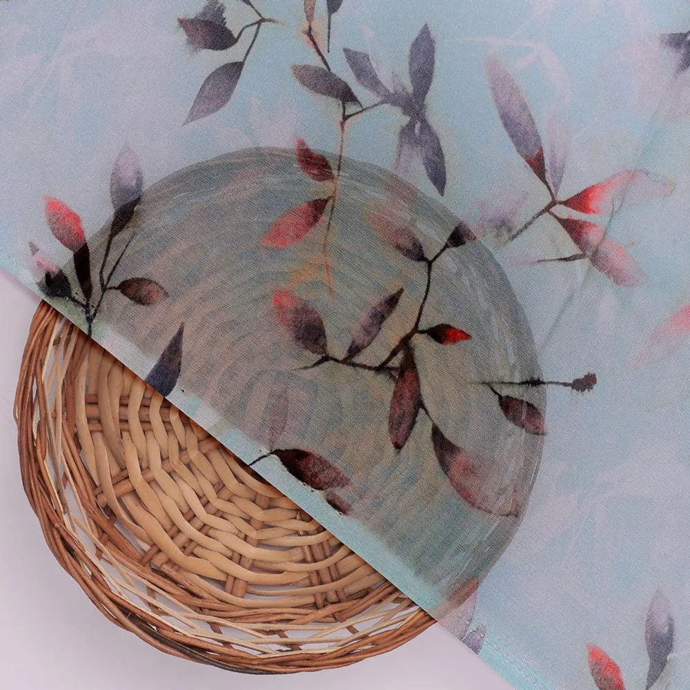 Bluish Thin And Light Leaves Digital Printed Fabric - Pure Georgette