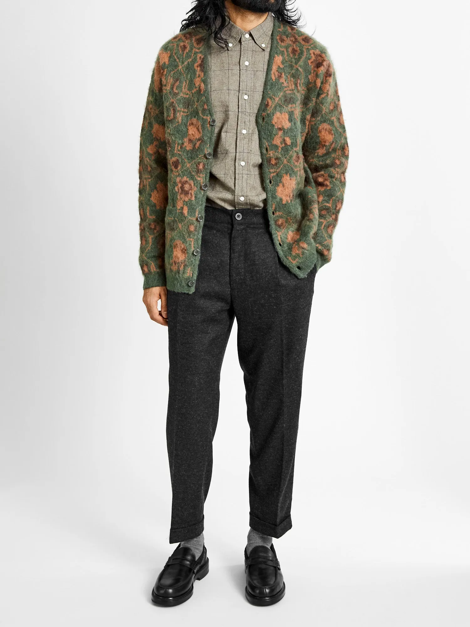 Botanical Pattern Jacquard Cardigan in Olive
