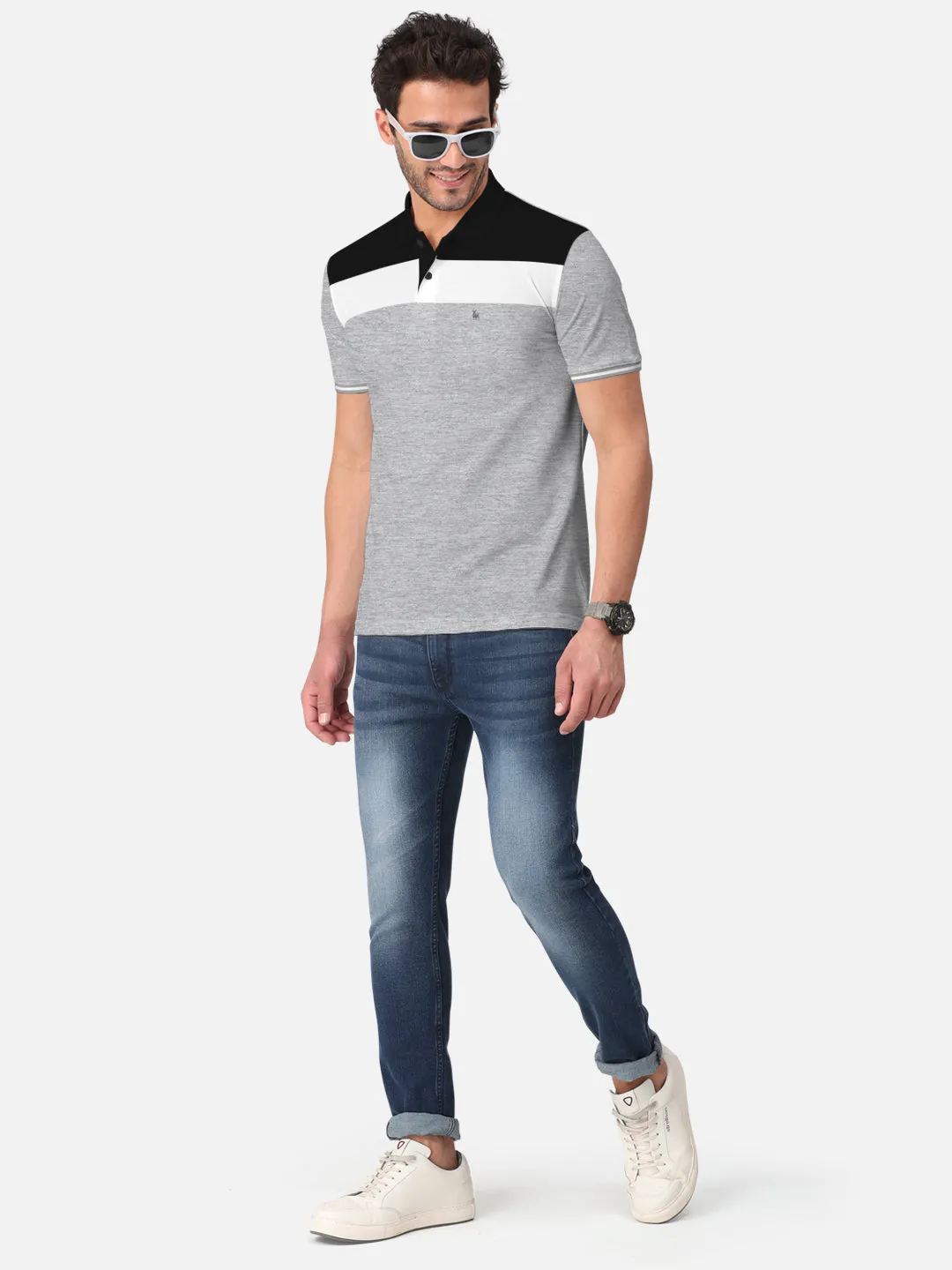 BULLMER Grey Melange Trendy Printed Half Sleeve Polo T-shirt for Mens