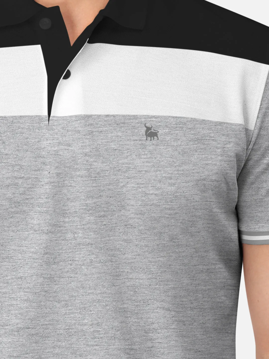 BULLMER Grey Melange Trendy Printed Half Sleeve Polo T-shirt for Mens