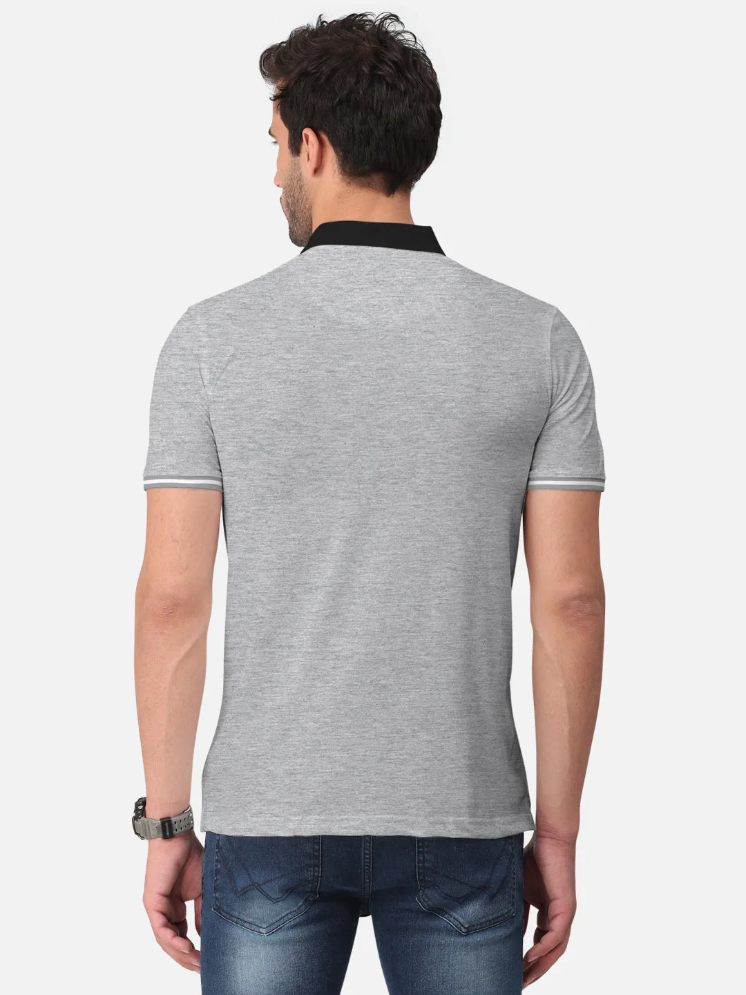 BULLMER Grey Melange Trendy Printed Half Sleeve Polo T-shirt for Mens