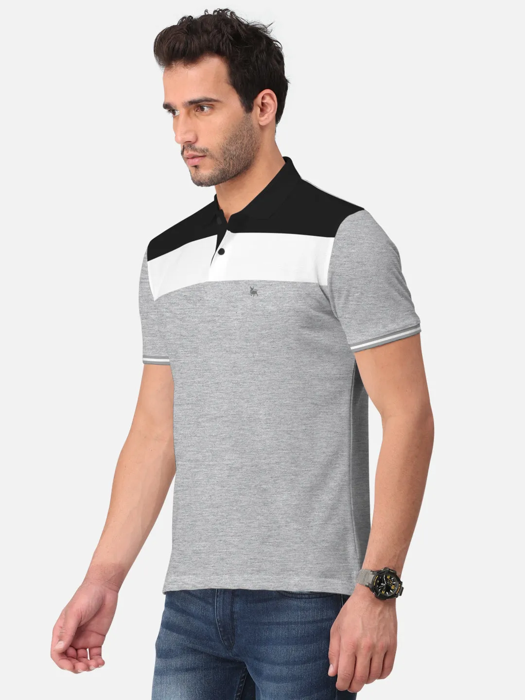 BULLMER Grey Melange Trendy Printed Half Sleeve Polo T-shirt for Mens