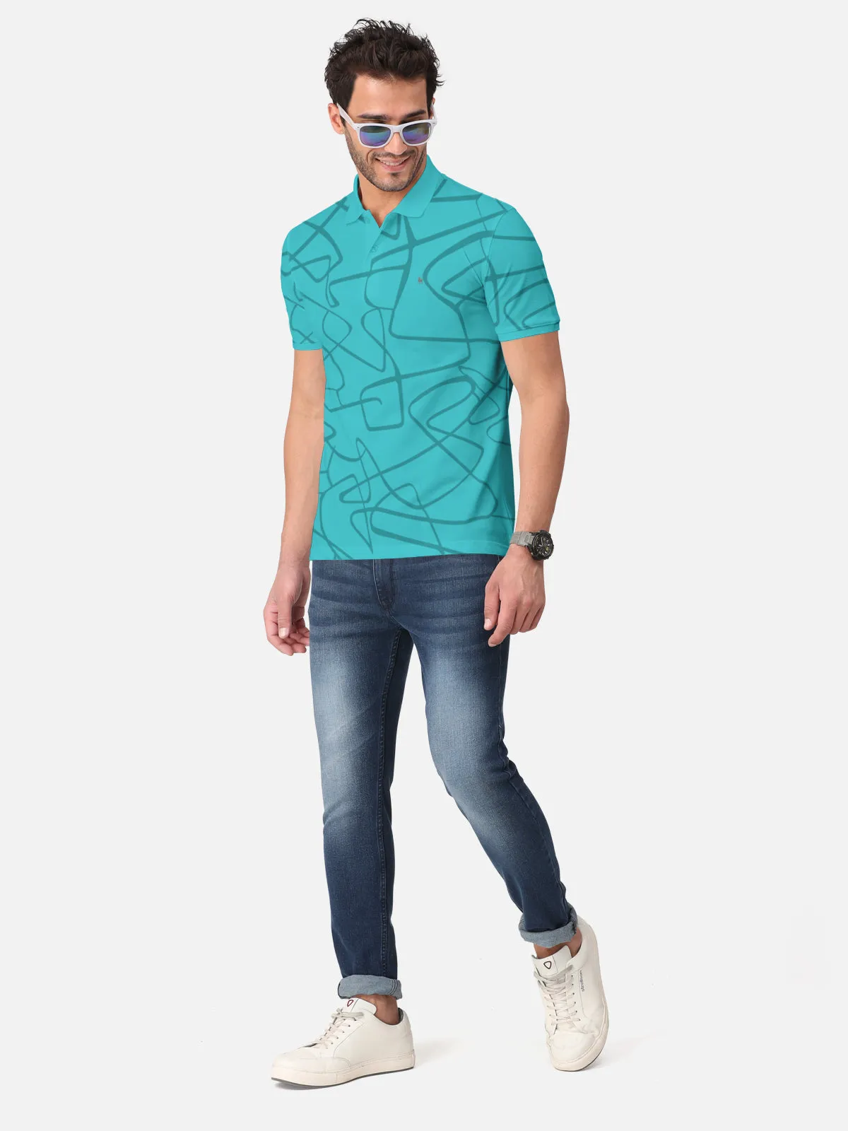 BULLMER Menthol Blue Trendy Printed Half Sleeve Polo T-shirt for Mens