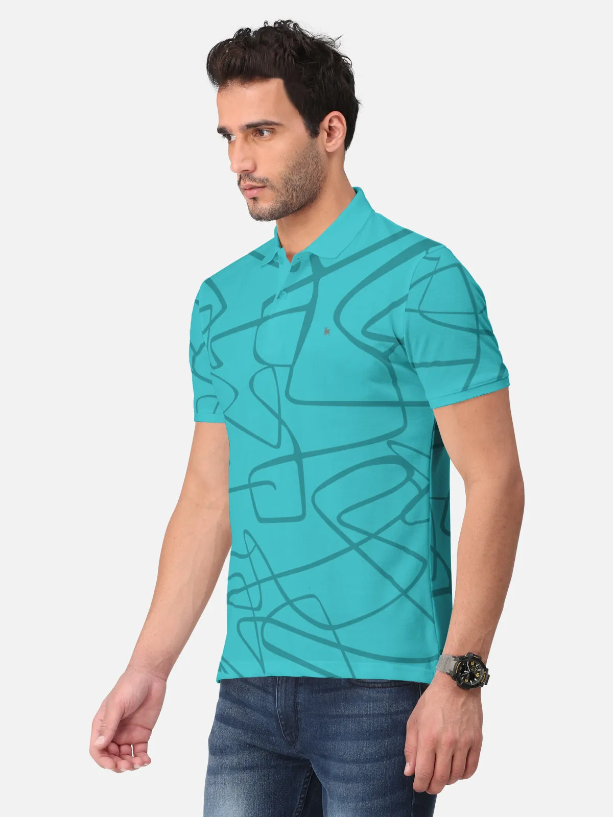 BULLMER Menthol Blue Trendy Printed Half Sleeve Polo T-shirt for Mens