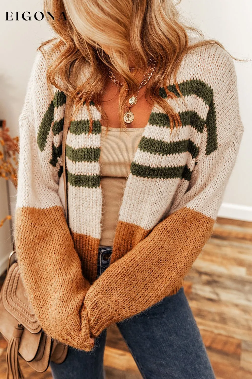 Camel Colorblock Striped Open Cardigan