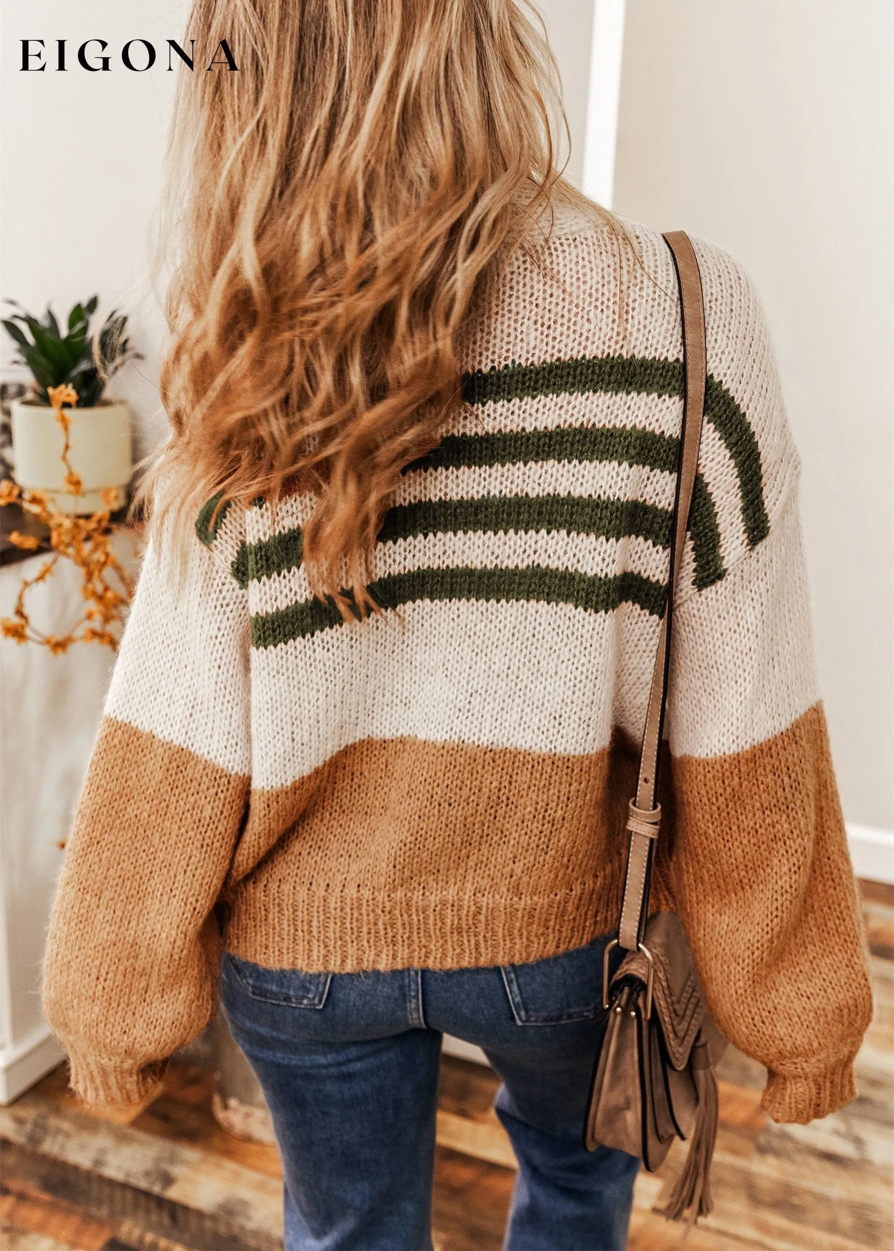 Camel Colorblock Striped Open Cardigan