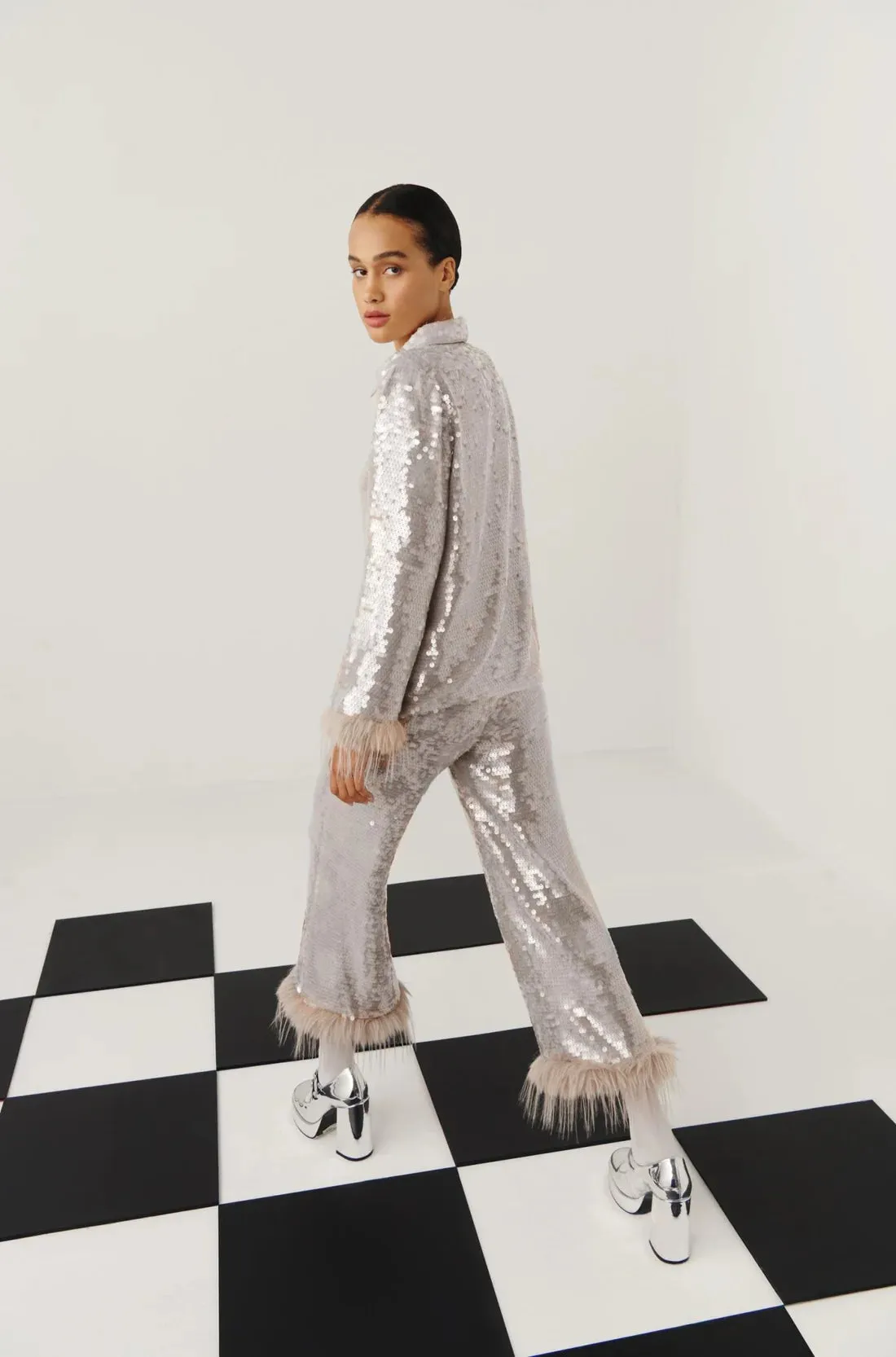 Celia B Oasis Dazzling Sequin & Feather Trim Grey Shirt & Trousers
